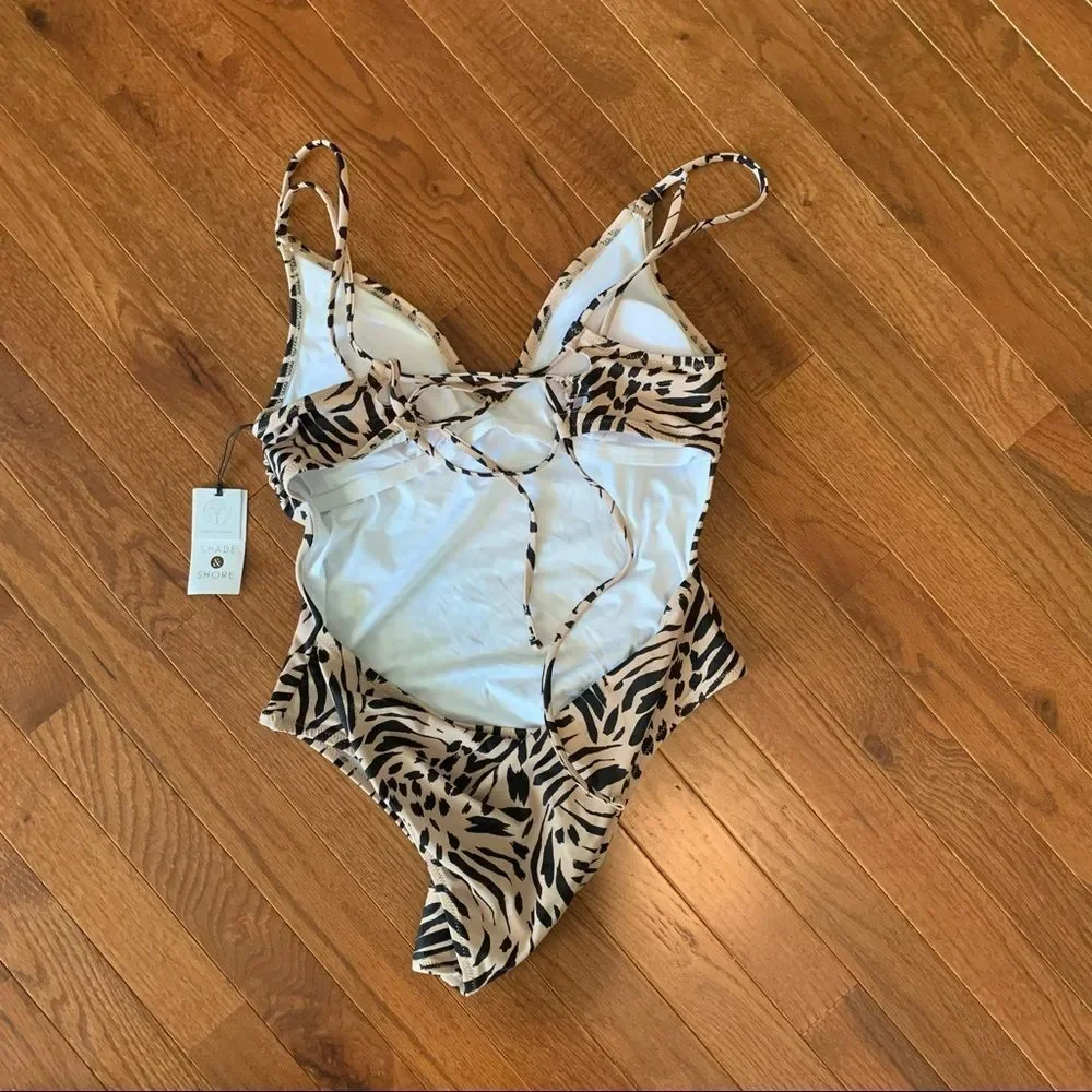 NWT New SHADE & SHORE Leopard Animal Print Monokini Swimsuit Tan Brown M 8 10 - Picture 8 of 9